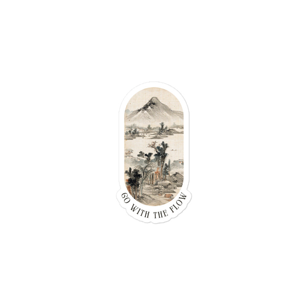 Mountain graphic with beige, off white, and grey background with faint green and orange trees