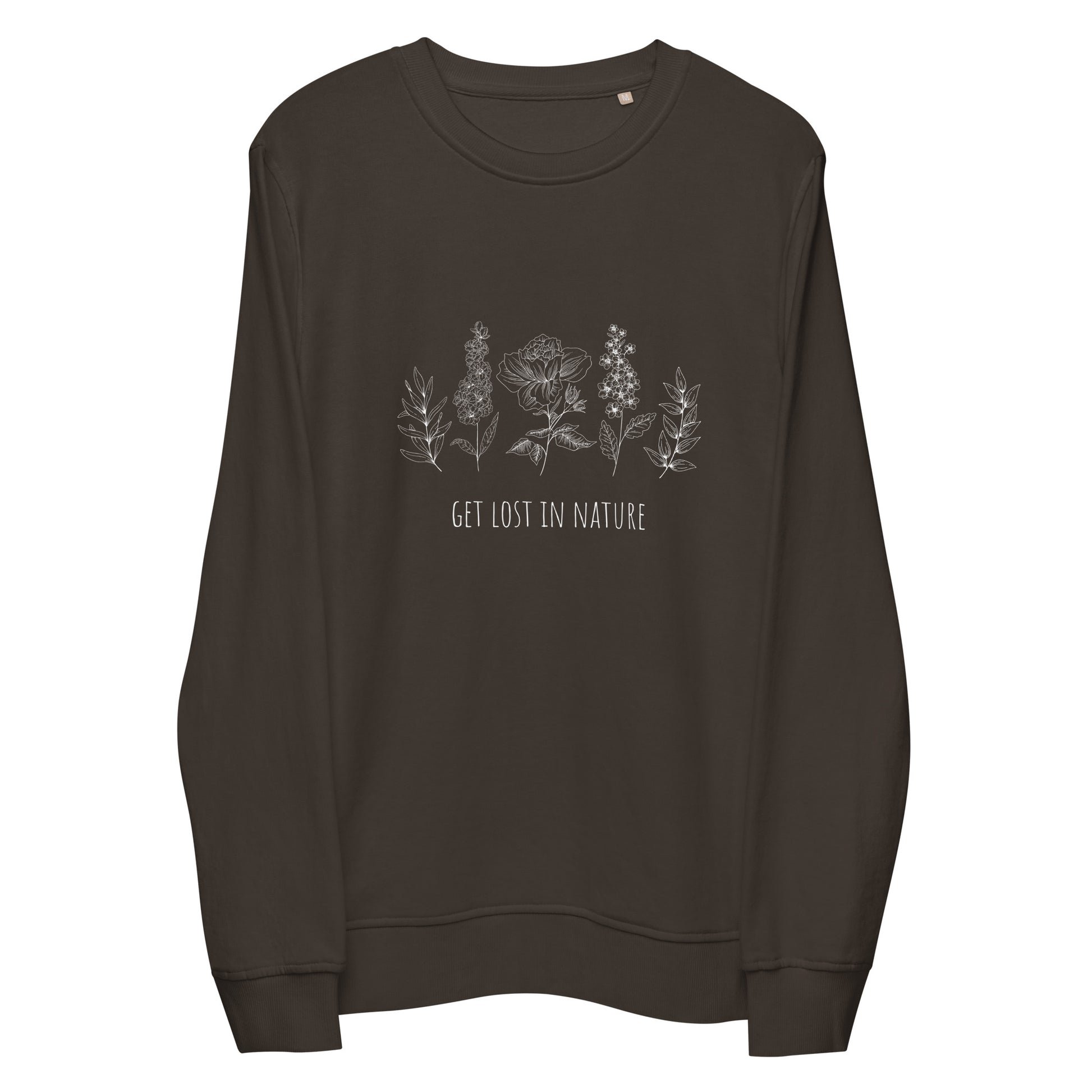 get lost in nature sweatshirt with flower designmountain graphic featuring beige, off white, white, and grey backgrounds with faint green and orange trees